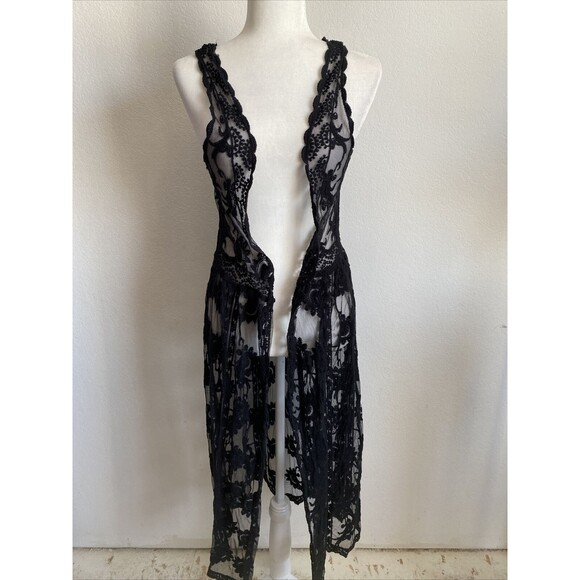 Woven Heart Overlay Black Lace Long Line Open Front Sleeveless Kimono Wrap Sz XL - Picture 1 of 9